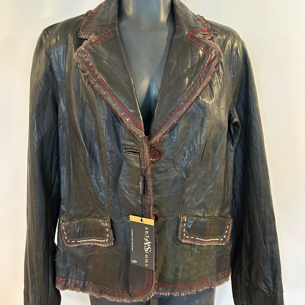 Women's Black Real Leather Jacket with Red Stitching - Vintage